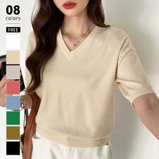 vネックニット 半袖ニット オフィスカジュアル サマーニット きれいめ 半袖 トップス レディース