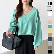 ダンボールトレーナー Vネックトップス オーバーサイズ トレーナー ボリューム袖 カットソー 長袖