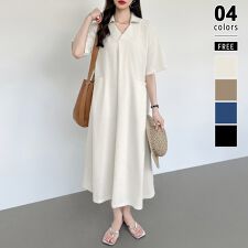 ワンピース 綿麻 リネン ロングワンピース 夏ワンピース シャツワンピース 半袖 Vネック ゆったり