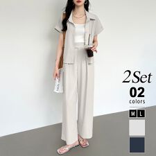 セットアップ ワイドパンツセット 半袖シャツ オフィスカジュアル レディース 夏 上下セット