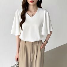シフォンブラウス フレアスリーブブラウス とろみシャツブラウス ブラウス レディース 半袖