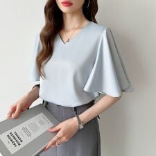 シフォンブラウス フレアスリーブブラウス とろみシャツブラウス ブラウス レディース 半袖