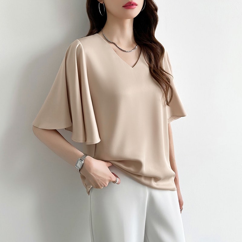 シフォンブラウス フレアスリーブブラウス とろみシャツブラウス ブラウス レディース 半袖