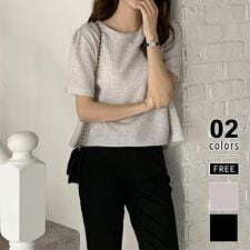 パフスリーブ 半袖 トップス カットソー レディース パフスリーブブラウス Tシャツ クルーネック
