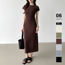 【美シルエット】 ウエストギャザーワンピース Tシャツワンピース タイトワンピース 夏ワンピース