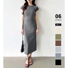 【美シルエット】 ウエストギャザーワンピース Tシャツワンピース タイトワンピース 夏ワンピース