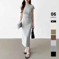 【美シルエット】 ウエストギャザーワンピース Tシャツワンピース タイトワンピース 夏ワンピース