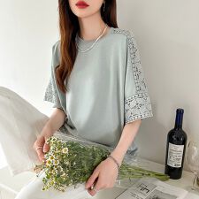 レース五分袖 クルーネック レディースブラウストップス Tシャツ ミドル丈 ブラウス トップス