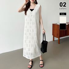 【前後2way】 ジャンパースカート パネルレース ノースリーブワンピース レース ワンピース 夏