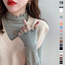 ストレッチカットソー フリルネックロンT ハイネック フリル 配色 バイカラー 長袖 Tシャツ