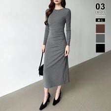 美シルエットウエストギャザーワンピース タイトワンピース 長袖 ワンピース ロング レディース