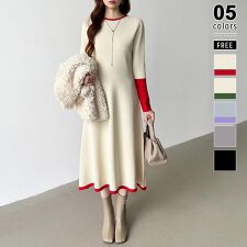 COCOMOMO(COCOMOMO)の選べる2タイプ Aラインワンピース ワンピース スポンジニット シンプル 配色 バイカラー ニット
