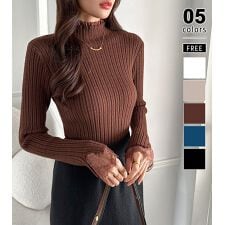 重ね着風レースニット ハイネック 袖レースニット 袖レース ハイネック トップス 長袖 レディース