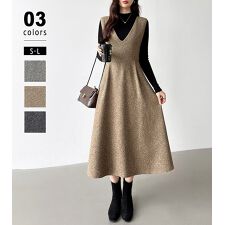 COCOMOMO(COCOMOMO)のジャンパースカート Vネック ワンピース レディース ロング ジャンスカ オールインワン 秋冬