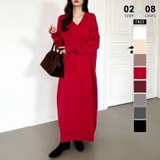 選べる2丈 Vネック ワンピース ロングワンピース ニットワンピース 長袖 ロング丈 マキシ丈