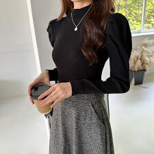 パフスリーブニット ハイネック リブニット パワショルニット ニット ハイネック レディース