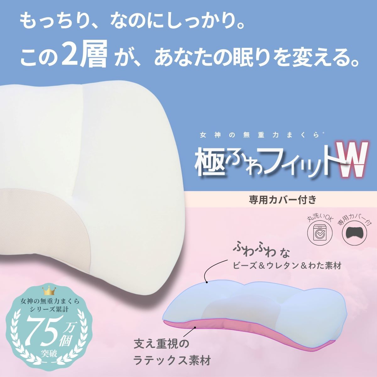 【パルフェプレミアム　Mサイズ ねむりの駅 まくら 定価33,000円】 女神の無重力まくら極ふわフィットW / 枕カバー付 | 女神の無重力