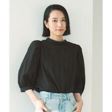 【洗える】ストライプレース 2WAY パフスリーブブラウス