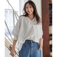 【洗える】ストライプレース ギャザーブラウス