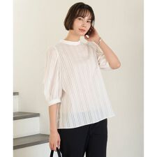【洗える】ストライプレース 2WAY パフスリーブブラウス