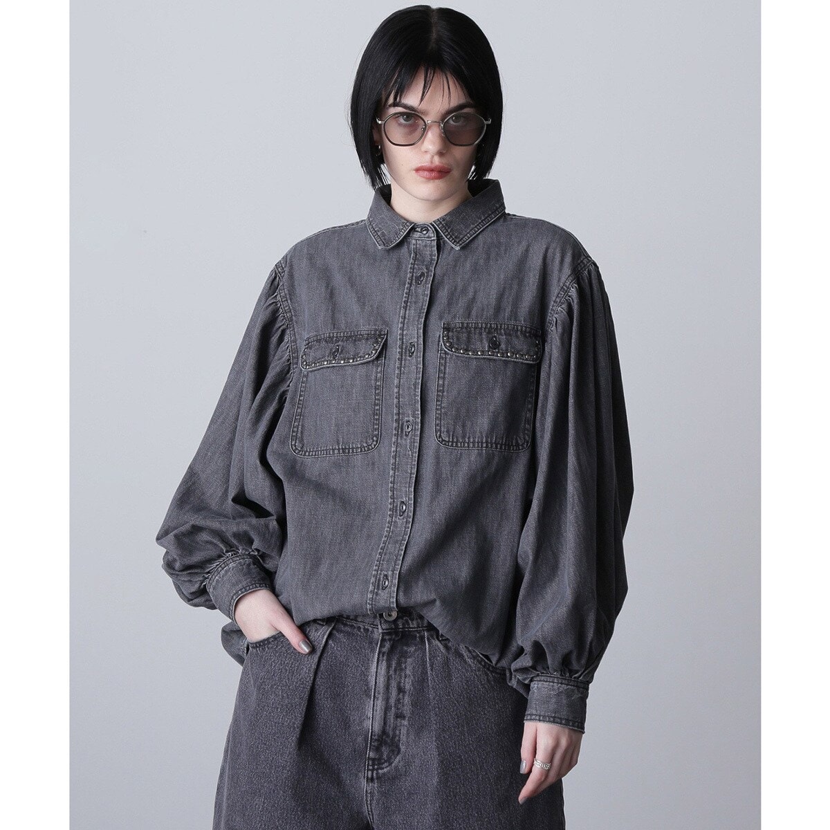 (GENE HEAVENS)VOLUME SLEEVE DENIM SHIRT WITH STUDS