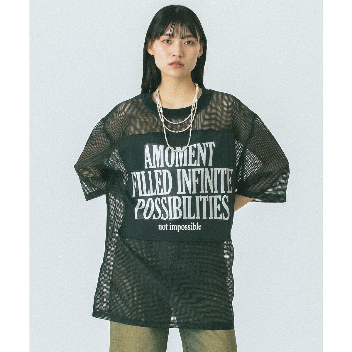 カットソー OKIRAKU x ROSE BUD/MESH RIC PRINT TOP OKIRAKU tシャツ (OKIRAKU x ROSE BUD)MESH METARIC PRINT TOP