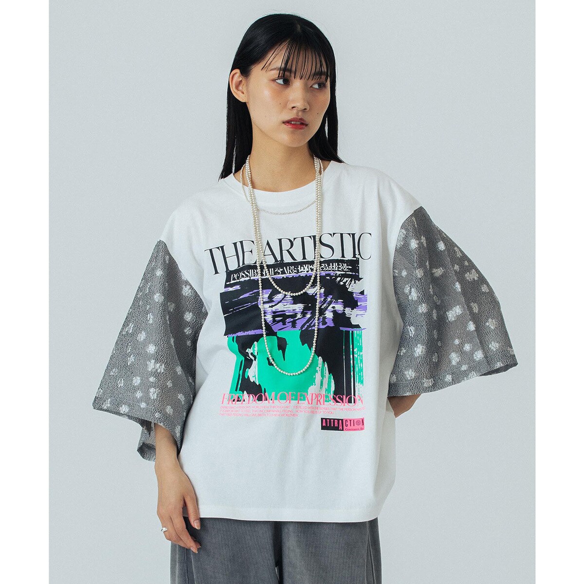 OKIRAKU×ROSEBUD)メッシュレイヤード スリーブ Tシャツ | ローズ