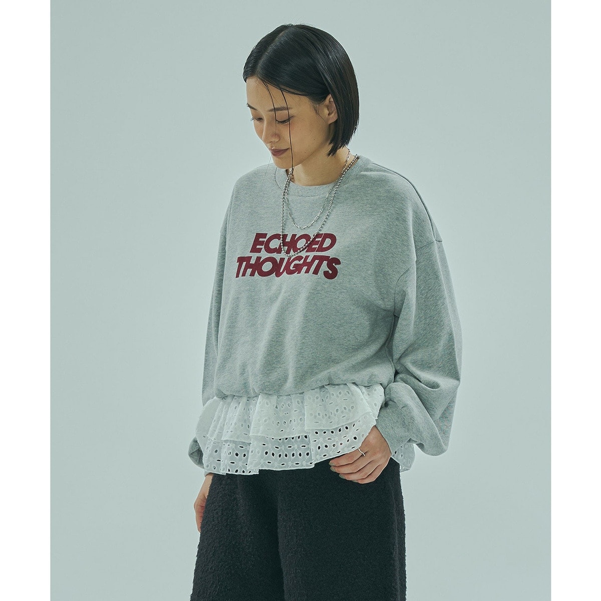 [}C]LACE HEM SWEATSHIRT/[YobhiROSE BUDj GREY
