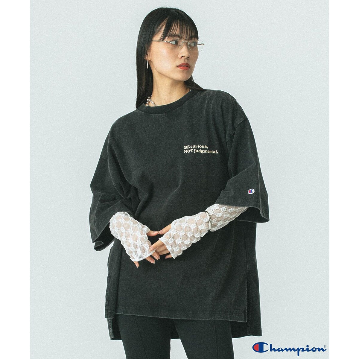 ROSE BUD×Champion/LOGO EMBROIDERY BIG TEE