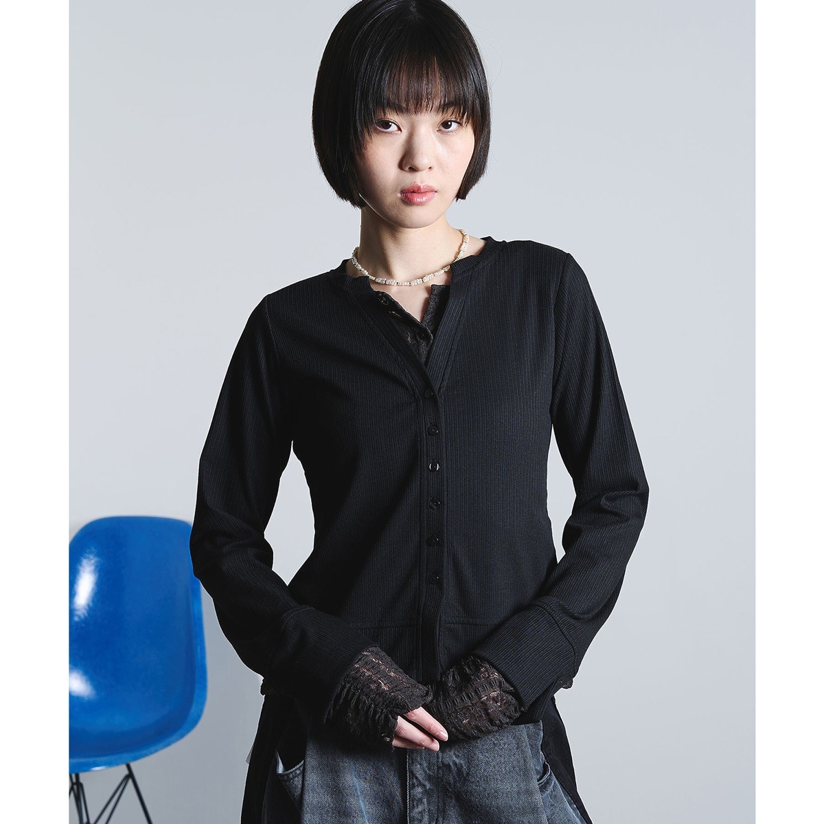 [�}���C]FAKE LAYERED CARDIGAN/���[�Y�o�b�h�iROSE BUD�j BLACK