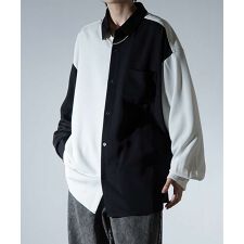 Confirm アシンメトリー 襟配色クレリック ドレープとろみ ビッグシルエット長袖シャツ