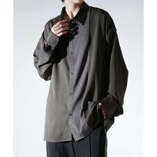 Confirm アシンメトリー 襟配色クレリック ドレープとろみ ビッグシルエット長袖シャツ