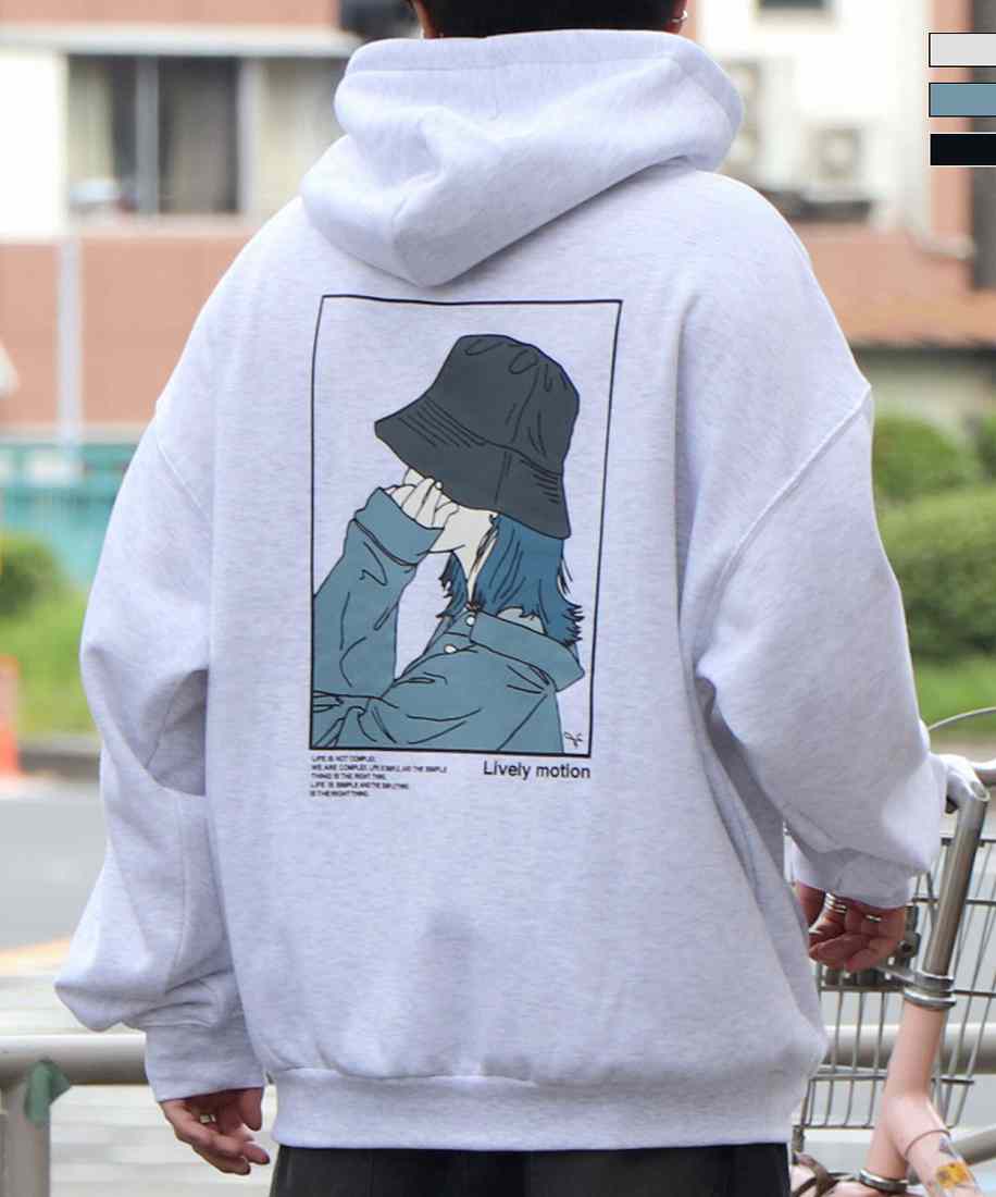 ILL'S イラストバックプリント ワンポイント刺繍 ビッグシルエット プルオーバーパーカー