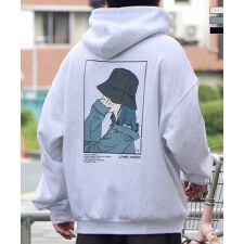 ILL'S イラストバックプリント ワンポイント刺繍 ビッグシルエット プルオーバーパーカー