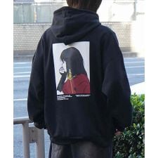 ILL'S イラストバックプリント ワンポイント刺繍 ビッグシルエット プルオーバーパーカー