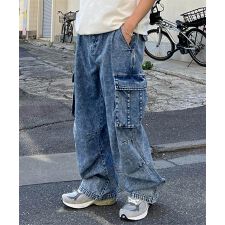 ILL'S レトロライク ケミカルウォッシュ ワイドカーゴ デニムパンツ