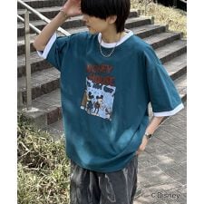 ILL'S Disney ヴィンテージライクプリント ミッキー リンガー半袖Tシャツ