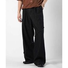 Confirm 切替フリンジ ウォッシュ加工 ワイドストレートデニムパンツ