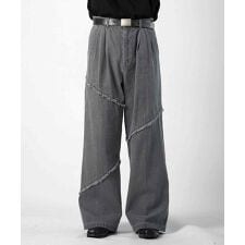 Confirm 切替フリンジ ウォッシュ加工 ワイドストレートデニムパンツ