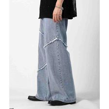 Confirm 切替フリンジ ウォッシュ加工 ワイドストレートデニムパンツ