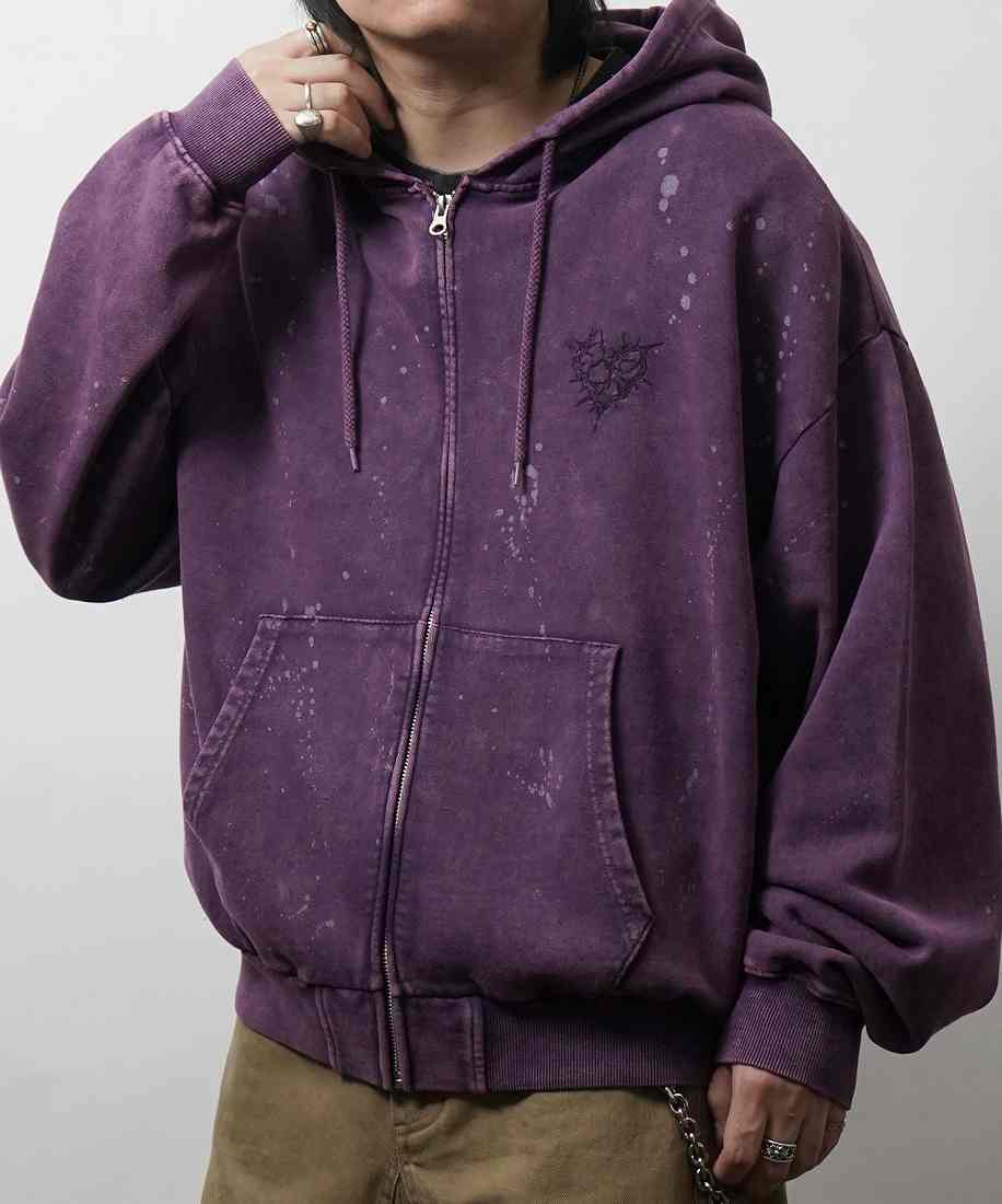 ILL'S トライバルハート刺繍 フルジップパーカー グランジ加工×スプラッシュ加工 フーディ