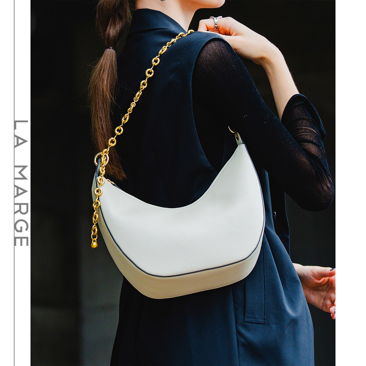 ラマージ（LA MARGE）/【LA MARGE】【本革】ハーフムーン チェーンハンドル ショルダーバッグ LA MARGE】【本革】ハーフムーン チェーンハンドル ショルダーバッグ