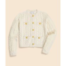 メリノウール／カシミヤ　ケーブル　ゴールドボタン　クルーネックカーディガン