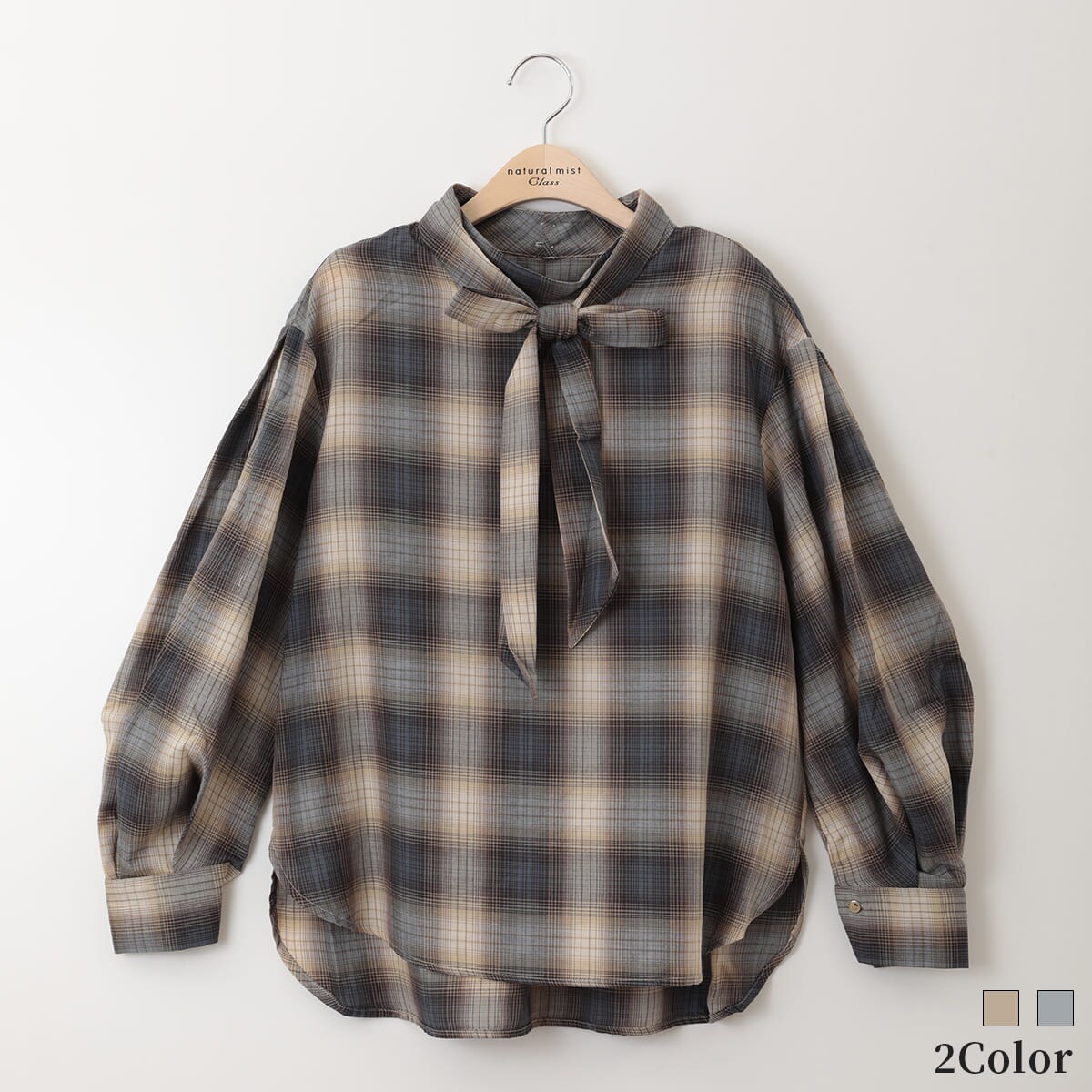 グラデーションチェックブラウス[4083676]natural mist グラデーションチェックブラウス[4083676]natural mist