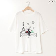パリガールモチーフ刺繍デザインTシャツ[21711307]