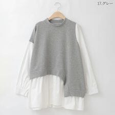 アシンメトリー異素材切り替えチュニックシャツ[41413577]