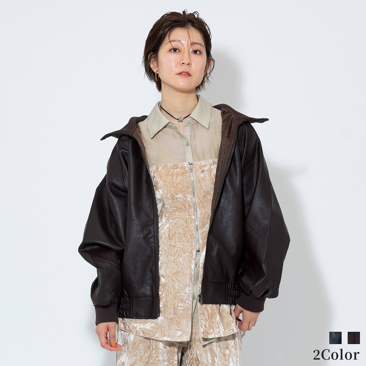 アンドノエル（And Noel）/フェイクレザーリブハイネックジャケット[80644061]macaron フェイクレザーリブハイネックジャケット[80644061]macaron | アンド