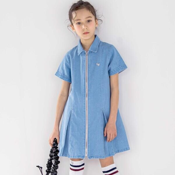 シャツ風ファスナーデニム&ストライプワンピース(110~150cm