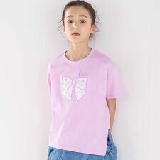 アシメトリーBIGリボンプリント天竺半袖Tシャツ(110~150cm)