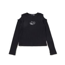 肩開きラインストーンロゴテレコ長袖Tシャツ(110~150cm)